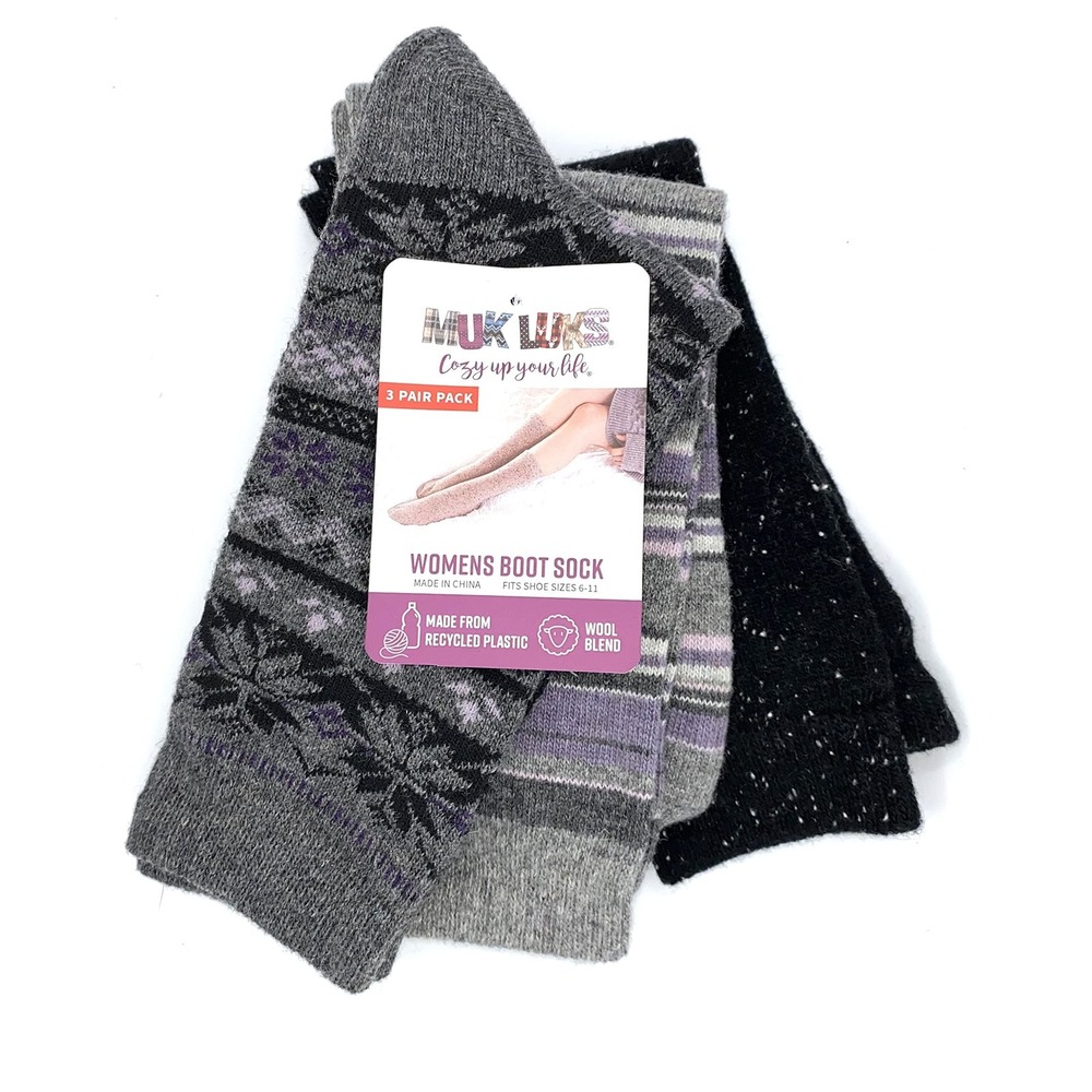 MUK LUKS Women's Multicolor Plaid Boot Socks, 3 Pair Wool Blend, Size 6-11